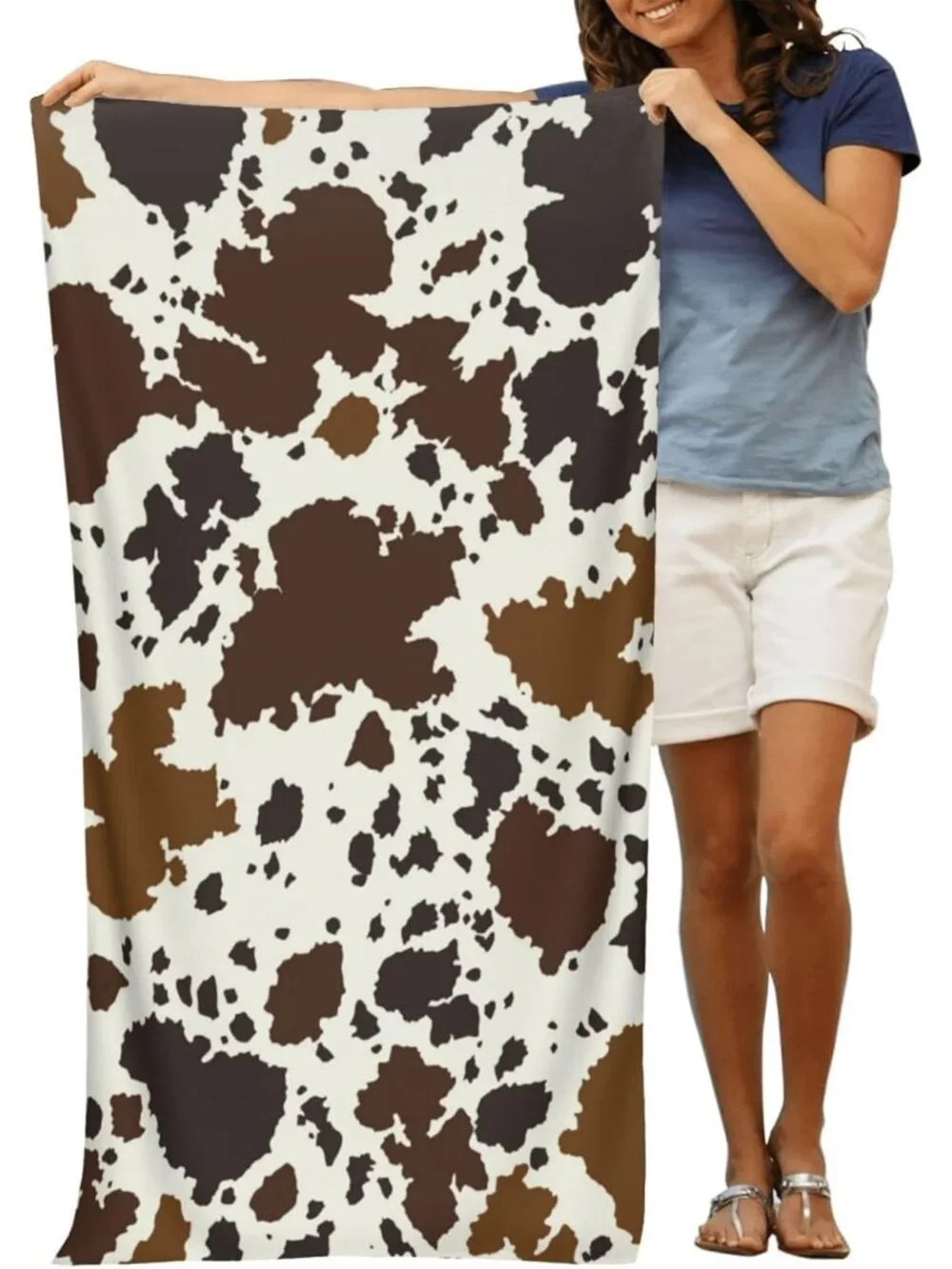 Cow Print Brown Animal Beach Towel Soft Absorbent Microfiber Quick Dry Large Bat